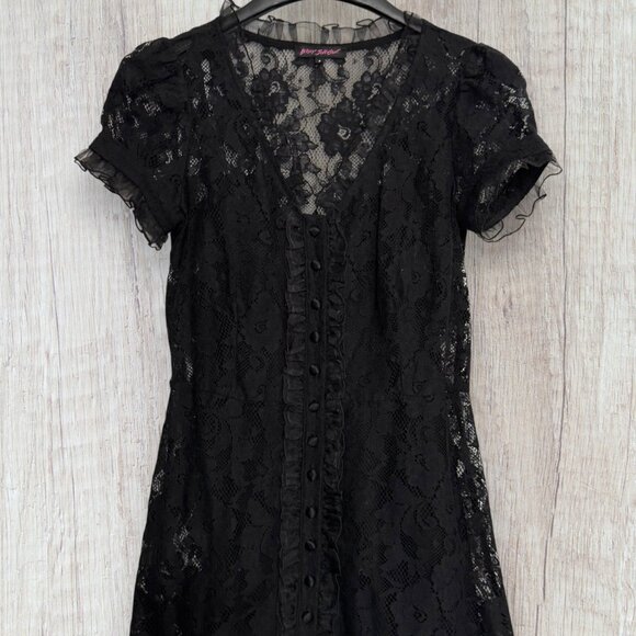 Vintage Y2K Betsey Johnson Black Lace Overlay Dress Slip Puff Sleeve Ruffle Trim - Picture 3 of 11